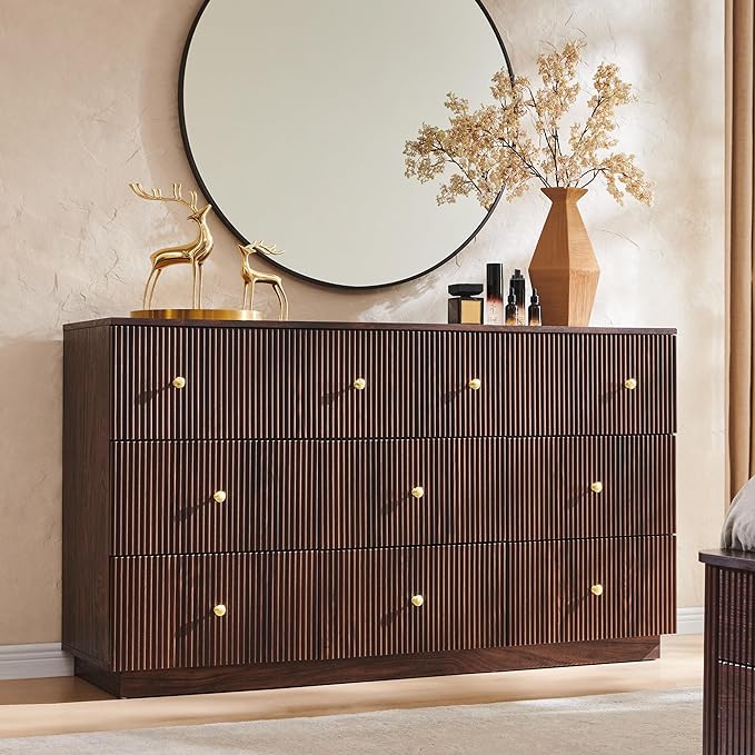 Fluted Dresser for Bedroom, 55" W 8 Drawer Dressers, Wood Tall Dresser Storage Organizer, Modern Bedroom Chest of Drawer with Deep Storage for Closet Hallway, Entryway, Living Room, Brown