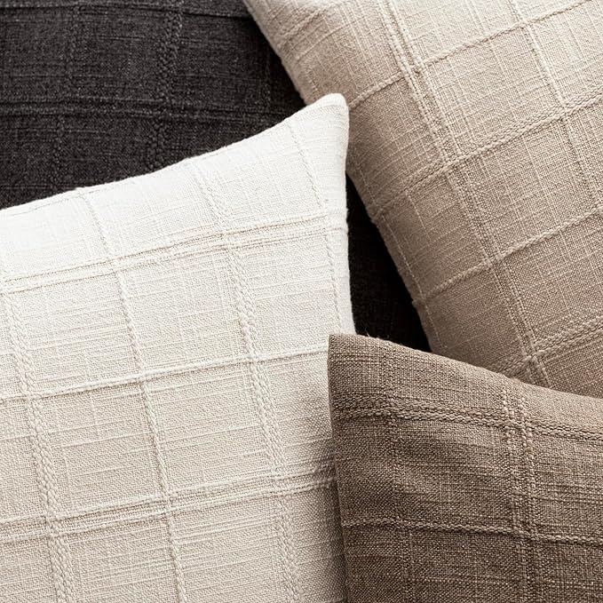 Foindtower Set of 2 Decorative Linen Check Throw Pillow Covers Neutral Farmhouse Vintage Cushion Covers Modern Boho Home Decor for Sofa Chair Couch Bedroom Living Room,16×16 Inch,Charcoal