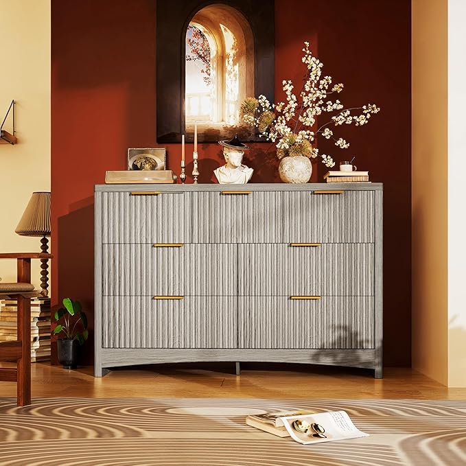 Marsail Fluted 7-Drawer Wide Wooden Dresser, Smooth Gliding Drawers & Large Capacity Storage Space, Modern Organizer Cabinet for Bedroom or Hallway, Light Grey