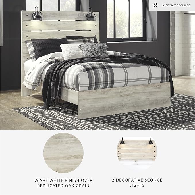 Signature Design by Ashley Cambeck Farmhouse Queen Panel Bed with LED Sconce Lights and USB Charging Ports, Open Slat Styling, Foundation or Box Spring Needed, Wood, Whitewash Finish