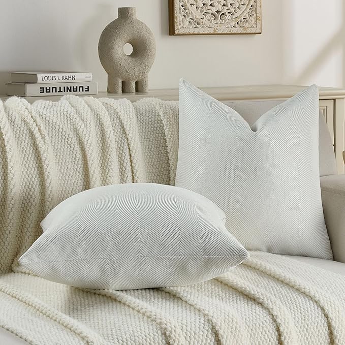FUTEI Cream White Chenille Throw Pillow Covers 12x20 Inch Set of 2,Soft Wide Chevron Textured Lumbar Pillow Cases,Farmhouse Home Decor for Couch Bed Living Room