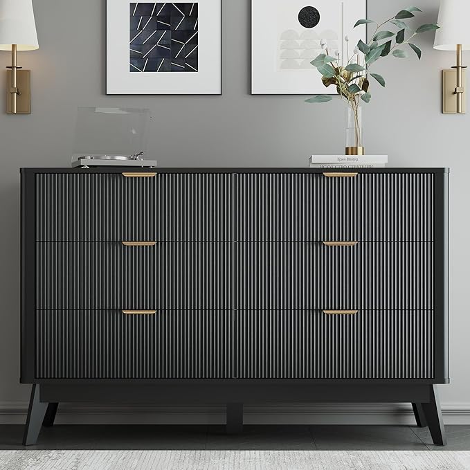 Fluted Dresser for Bedroom,49.6'' Modern Wooden Dresser with 6 Drawers, Bedroom Dressers, Natural Wood Chest of Drawers for Living Room, Hallway (Black)