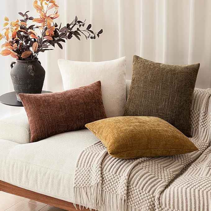 Foindtower Pack of 2 Soft Textured Chenille Throw Decorative Pillow Covers Square Accent Solid Cushion Cover Neutral Farmhouse Pillow Case for Couch Sofa Bedroom Living Room 22x22 Inch,Taupe Brown