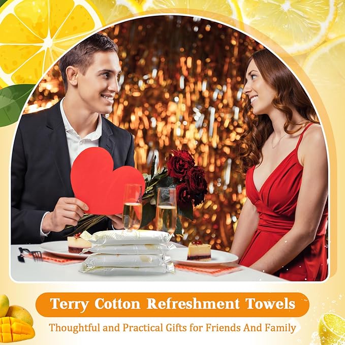 50 Pcs Moist Towelettes Individually Wrapped Scented Disposable Face Towels Essential Oil Infused Moist Terry Cotton Towel for Use Hot or Cold Travel Body Spa (Lemon Mango)