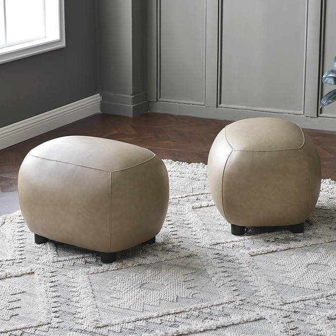 KINWELL 23" Wide Faux Leather Upholstered Ottoman Set of 2, Mid-Century Modern Living Room Footrest with Soft Padded Seat, Footstool for Bedroom, Entryway or Living Room, Khaki