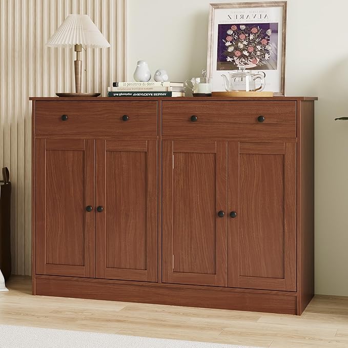 49" Brown Buffet Cabinet with Doors & Drawers, Modern Kitchen Storage Sideboard, Coffee Bar Console for Dining Room, Living Room, Entryway