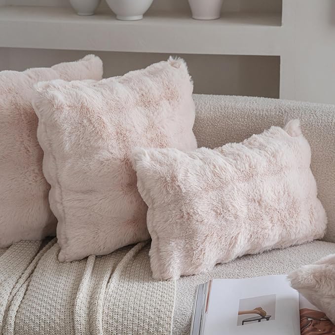 Neelvin Beige Faux Fur Cozy Soft Double-Sided Decorative Throw Pillow Covers 18x18 inch Set of 2,Velvet Pillowcase Cushion Case for Sofa Couch