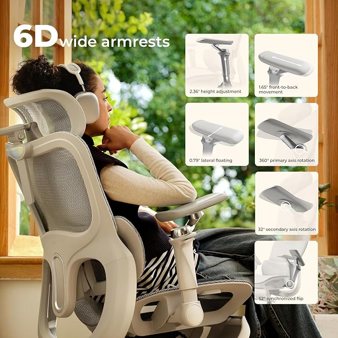 Hbada P2 Ultra Ergonomic Office Chair, Office Chair with 5D Lumbar Support, Mesh Ergonomic Chair with 6D Arms & 4D Headrest, 140° Stepless Tilt Function, White