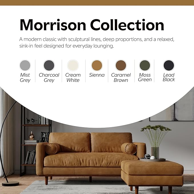 SIMPLIHOME Morrison Mid-Century Modern 72 inch Wide Sofa with Ottoman Set in Sienna Genuine Leather for the Living Room and Family Room