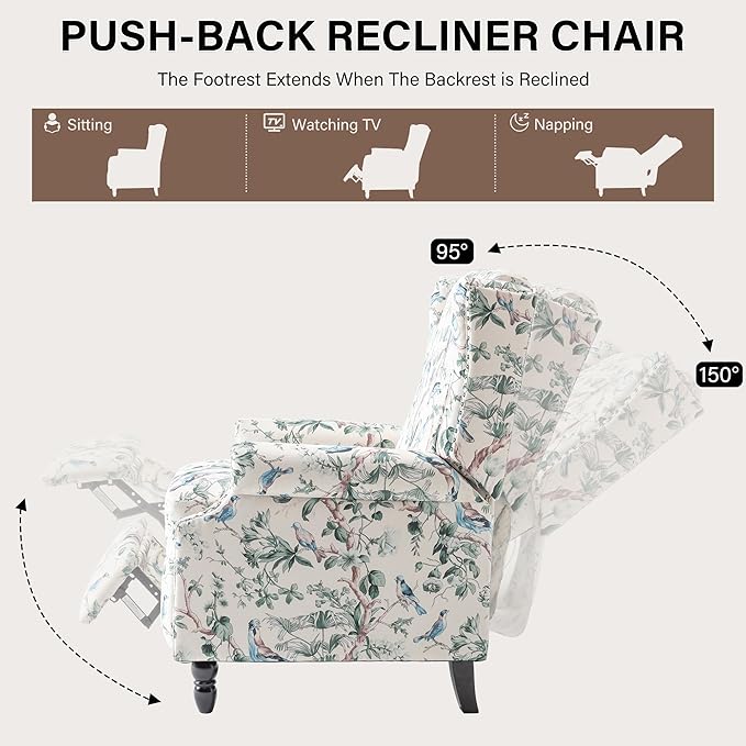 UIXE Pushback Floral Recliner Chairs Set of 2, Fabric Upholstered Armchair Push Back Accent Chair for Living Room, Rivet Trim Club Chair Home Theater Single Sofa Bedroom Side Reading Seat - Bird