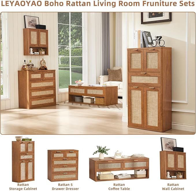 LEYAOYAO 48" Tall Storage Cabinet Set of 2,Rattan Bathroom Floor Cabinets with 4 Doors & 1Drawer,Boho Kitchen Pantry with Adjustable Shelves,Wooden Cupboard for Living Room,Home Office,Brown