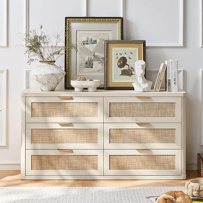 LEYAOYAO Rattan 6 Drawer Dresser for Bedroom Set of 2, Boho 54" Wide White Dresser Chest of Drawers, Dressers TV Stand with Metal Handle, Storage Dressers Closet Organizer for Living Room, Hallway