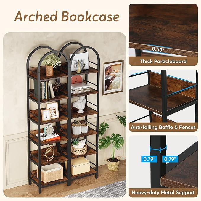 Tribesigns 6-Tier Open Bookshelf, 78.7" Tall Arched Bookcase Narrow Bookshelf with Metal Frame, Freestanding Corner Bookcase Display Shelves for Living Room, Home Office, Rustic Brown