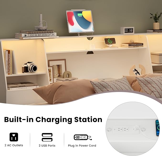 King Size Headboard Only for Bed, Wood Bookcase Headboard with Charging Station & 2 LED Lights, Modern King Bookshelf Headboard with Storage, Noise-Free, Sturdy and Durable, White