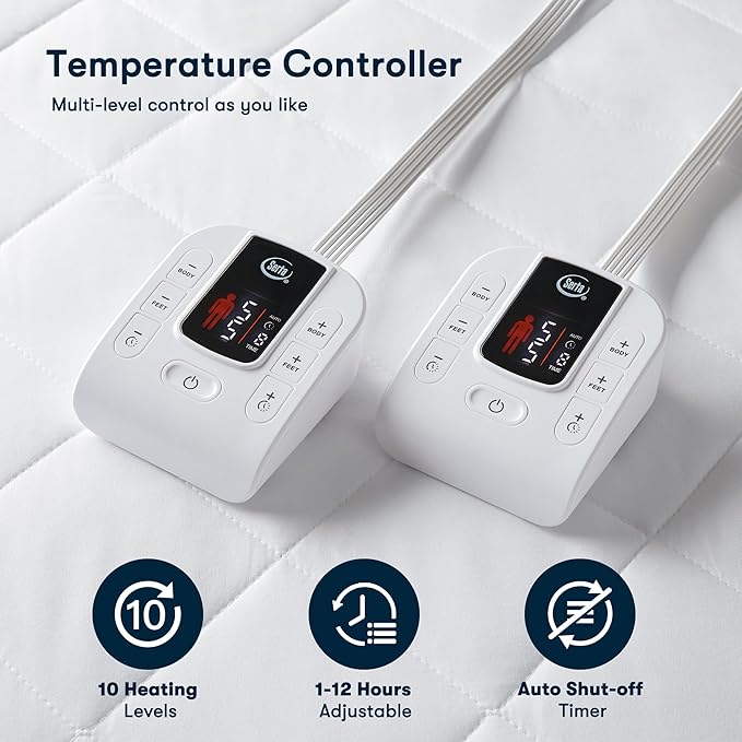 Serta Multi-Zone Heated Mattress Pad – Dual Controllers for Personalized Body & Foot Warmth, 10 Heat Settings, Auto Shut-Off, Soft Microfiber, Machine Washable, 15" Deep Pocket – Queen Size
