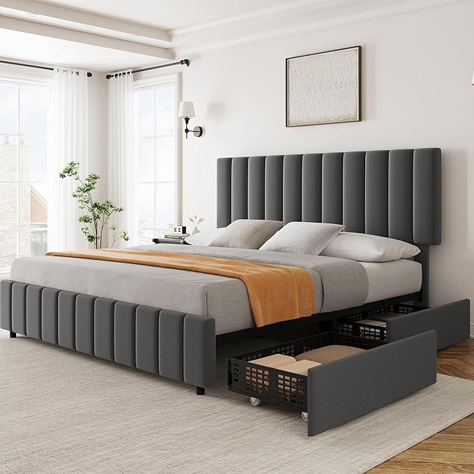 Garvee Queen Size Bed Frame with 4 Storage Drawers, Adjustable Height Headboard, Linen Upholstered Platform Bed Frame, No Box Spring Needed, Easy Assembly, Grey