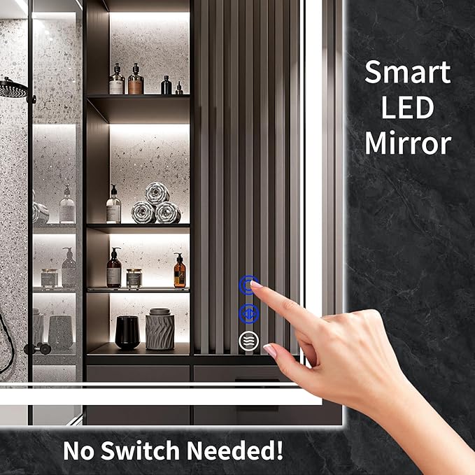 50"x30" LED Bathroom Mirror with Anti-Fog, Stepless Dimmable Lights, 3 Color Modes, Shatter-Proof Tempered Glass, Memory Function & Waterproof Design