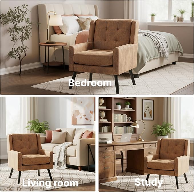 Mid-Century Modern Accent Chair Set of 2, Plush Suede Fabric with Button Tufted High Back & 5" Thick Cushion, High Comfort Reading Chair for Living Room, Bedroom, Office (Brown)