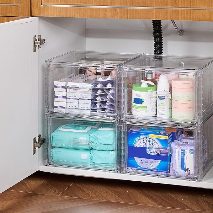 Vtopmart 2 Pack 15QT Clear Stackable Storage Drawers,Easily Assemble Closet Organizers,Plastic Storage Bins for Bathroom,Cabinet,Kitchen Pantry,Under Sink Organization(Medium)