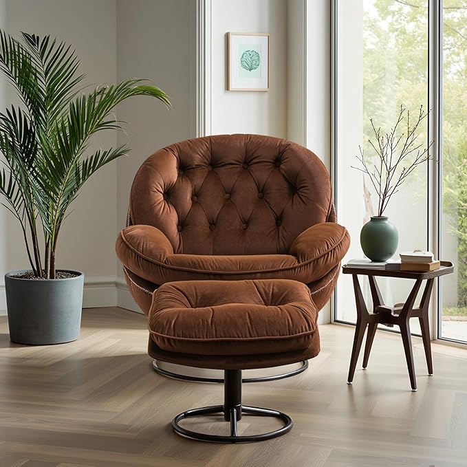 360° Swivel Modern Velvet Accent Chair with Ottoman | Mid-Century Button Tufted Lounge Chair for Living Room & Bedroom, Brown