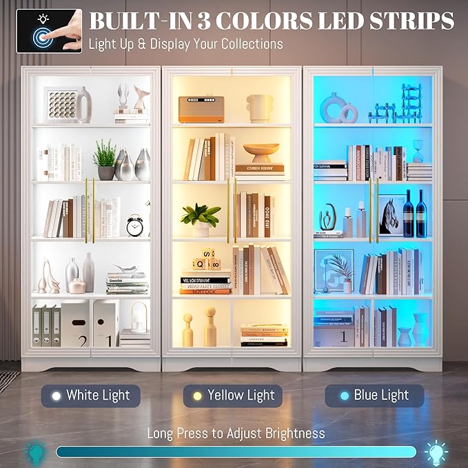 Vlsrka 65" File Cabinet, Filing Cabinets Fit Letter/A4 Size, Storage Cabinet with Doors & Lights, Tall File Bookcase with 2 Adjustable Shelves for Home Office, Living Room, White