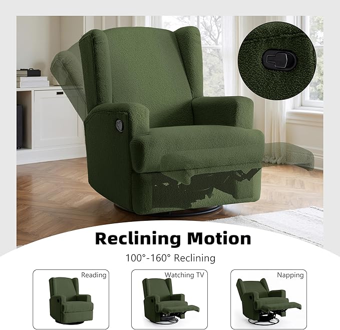 Boucle Swivel Glider Recliner Chair for Adults - Plush High Back Rocker with Deep Seat, Manual Reclining Upholstered Armchair for Living Room or Nursery, Textured Fabric Accent Chair-Green