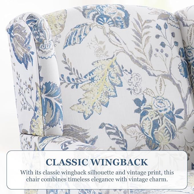 HUIMO Living Room Chair Upholstered High Back Armchair Retro Printed Wingback Chair in Linen for Bedroom & Study Comfy Accent Sofa Chair Reading Chair Holds 300lbs (Navy Blue) (1, Blue Floral)