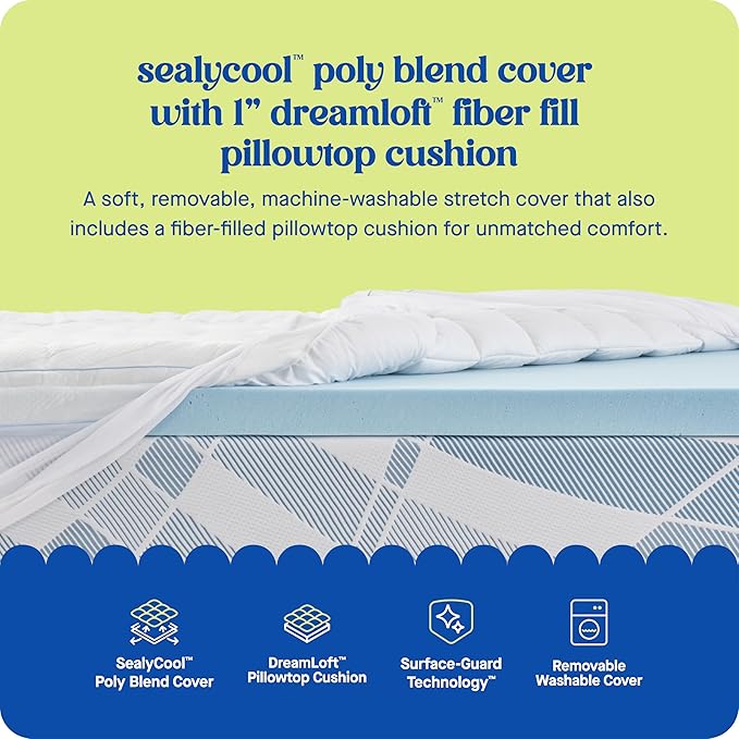Sealy Dreamlife 3” Gel Memory Foam King Mattress Topper with 1” Quilted Cooling Cover, SealyComfort Gel Foam, SealyCool Poly Blend Cover