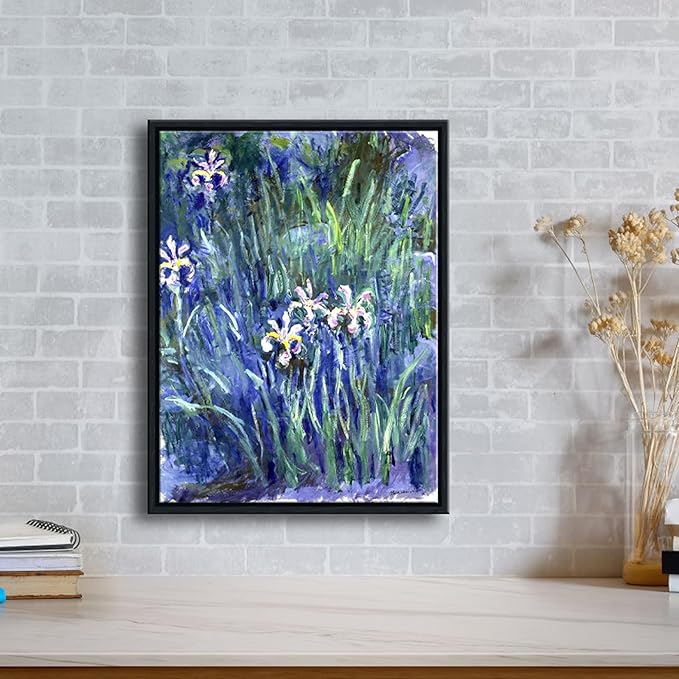 Wieco Art Framed Canvas Wall Art Irises by Claude Monet Oil Paintings Reproduction Landscape Pictures Artwork on Canvas Art Prints for Living Room Decorations and Wall Decor
