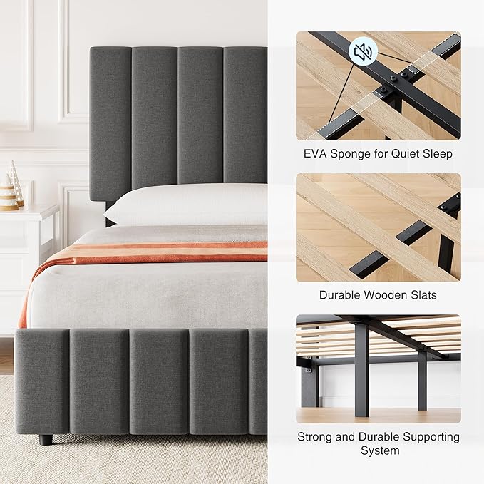 Garvee Queen Size Bed Frame with 4 Storage Drawers, Adjustable Height Headboard, Linen Upholstered Platform Bed Frame, No Box Spring Needed, Easy Assembly, Grey