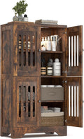 PARTPHONER Bathroom Floor Storage Cabinet with Cabinet Lights, Modern Storage Cabinet with 4 Doors and Adjustable Shelves, Buffer Hinges, Brown Pantry Cabinet for Living Room & Kitchen