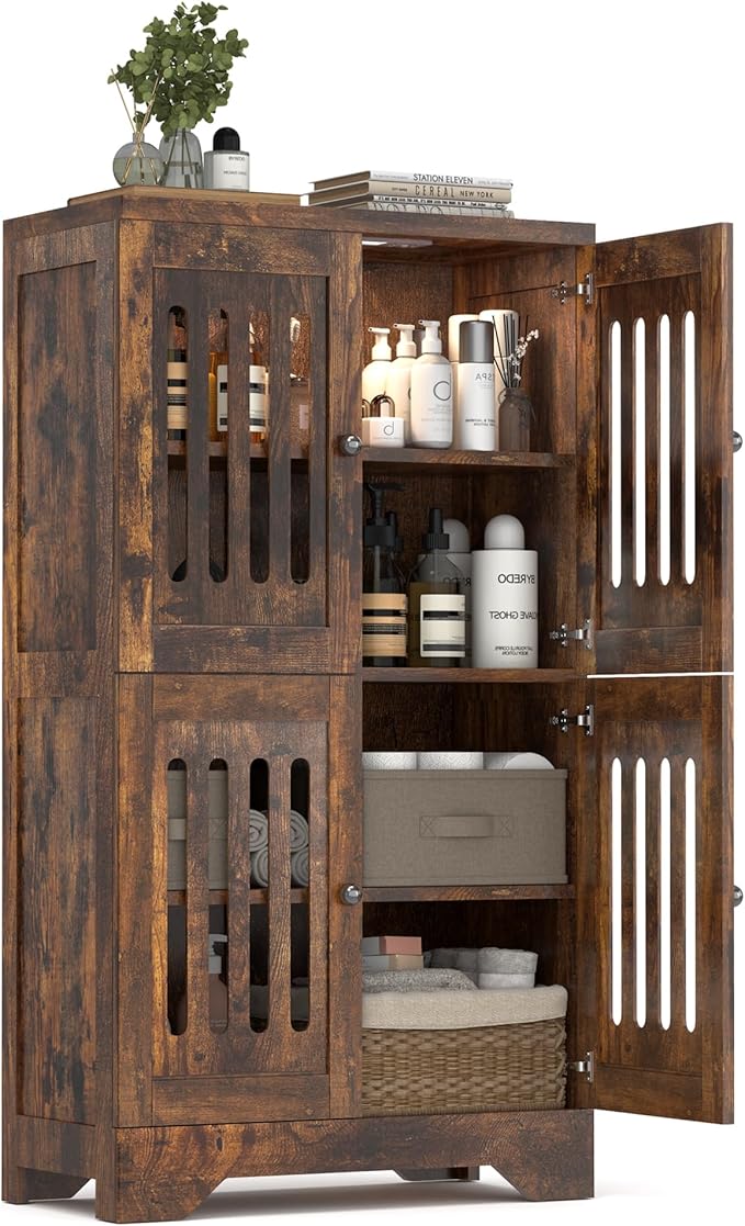 PARTPHONER Bathroom Floor Storage Cabinet with Cabinet Lights, Modern Storage Cabinet with 4 Doors and Adjustable Shelves, Buffer Hinges, Brown Pantry Cabinet for Living Room & Kitchen