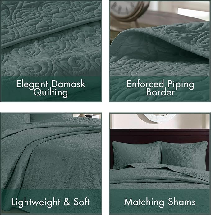 Madison Park King Bedspread Set Reversible Damask Quilted Oversized Coverlet, Cotton-Filled Quilts Oversized, All Season, Lofty & Warm Bedspread, Quebec, Balsam Green 3 Piece