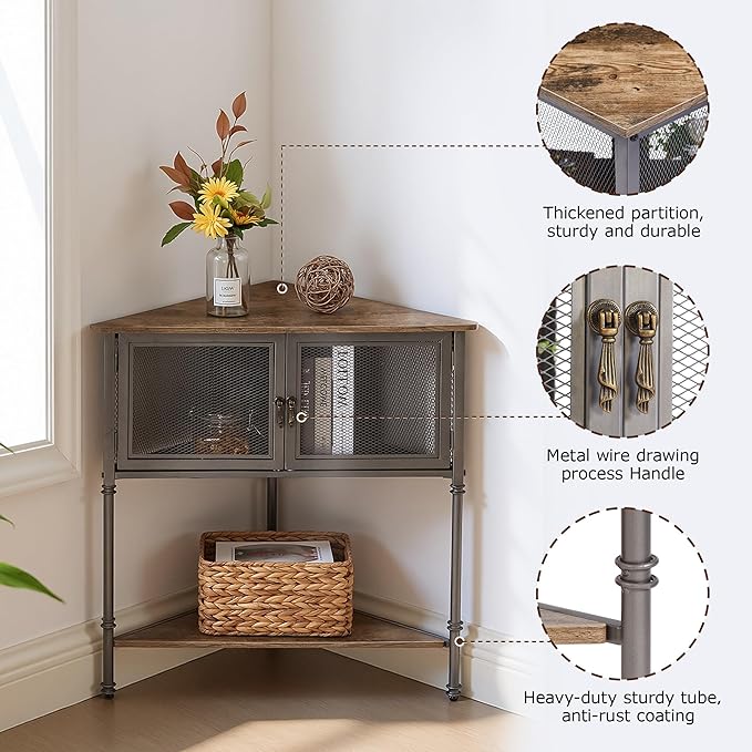 VECELO 3 Tier Corner Shelf,Corner Table with Mesh Door and Open-Shelf,Corner Cabinet Stand,Metal Frame Organizer Display Storage Shelves for Bedroom,Living Room,Kitchen,Bathroom