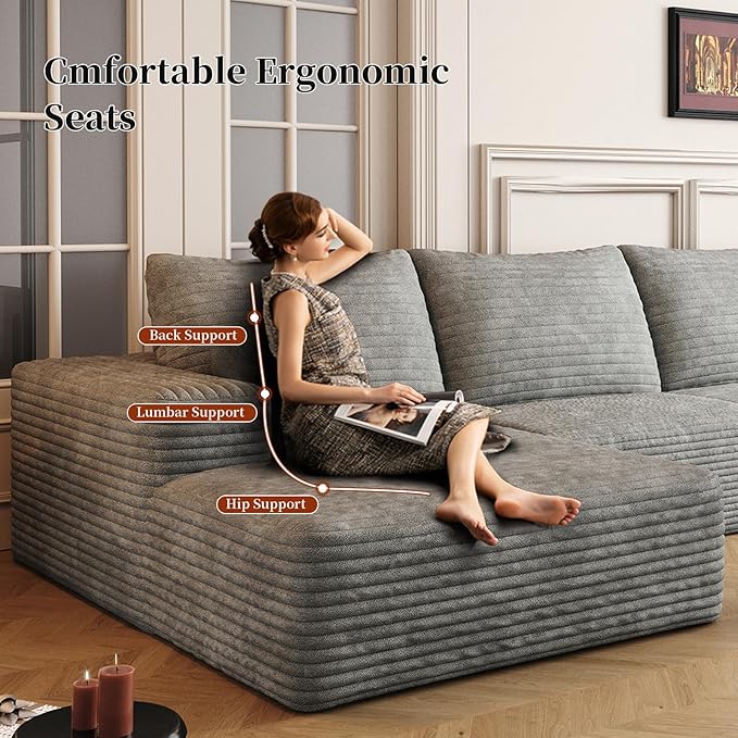135.4'' Oversized Cloud Sofa Sectional Couch, Boneless Couch with L-Shape Chaise, Upholstered Compression Modular Sectional Sofa for Living Room, No Assembly Required (Grey, Left Facing Chaise)