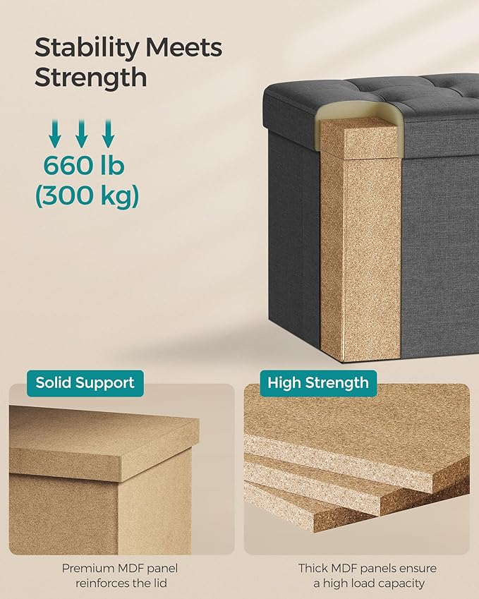 SONGMICS Storage Ottoman, Foldable Small Ottoman Foot Rest, 15 Inches Foot Stool, Cube Ottoman with Storage, Load up to 660 lb, for Living Room, Bedroom, Dorm, Dark Gray ULSF27Z