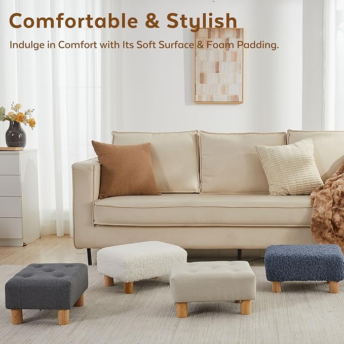 Small Foot Stool Ottoman, Linen Footstool Ottoman Foot Rest for Couch, Rectangle Footstools and Ottomans Small for Living Room, Entryway and Bedroom (Beige)