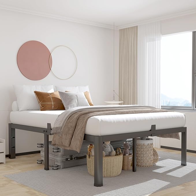 ROIL 12 inch Full Size Bed Frame with Headboard Hole and Round Corner Legs Mattress Retainers 3500LBS Heavy Duty Steel Slats No Box Spring Needed Platform Noise-Free Underneath Storage