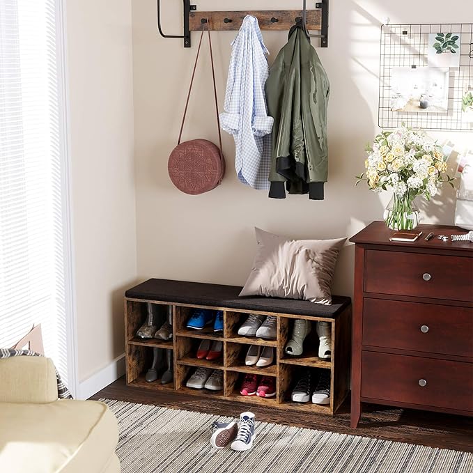 VASAGLE CUSTOS Collection - Shoe Bench, Storage Bench with Padded Seat, Entryway Bench with 10 Compartments, for Bedroom, 11.8 x 40.9 x 18.9 Inches, Rustic Brown and Chestnut Brown ULHS010X01