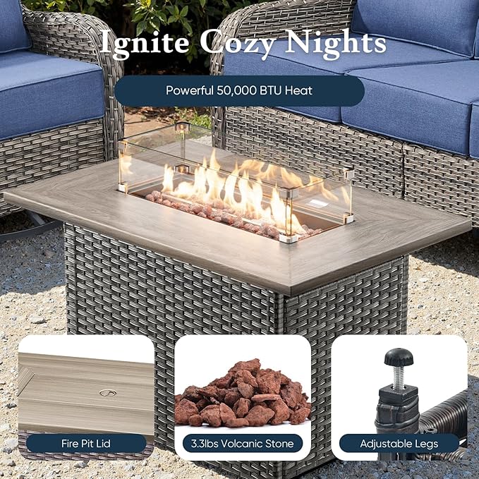 Belord Luxury 6" Thick Cushioned 5 Pieces Patio Furniture Set with Fire Pit Table, Wicker Outdoor Conversation Set with High Back Swivel Rocker Chairs for Deck Porch Yard and Poolside - Grey+Beige