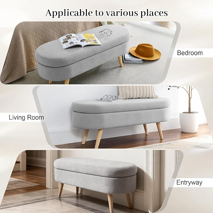 Storage Ottoman Bench 43" Storage Bench for Bedroom, Upholstered Soft Boucle Fabric End of Bed with Safety Hinge Solid Wood Legs Foot Stool Benches for Hallway,Closet,Oval, Entryway, Grey