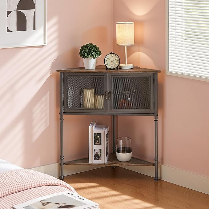 VECELO 3 Tier Corner Shelf,Corner Table with Mesh Door and Open-Shelf,Corner Cabinet Stand,Metal Frame Organizer Display Storage Shelves for Bedroom,Living Room,Kitchen,Bathroom