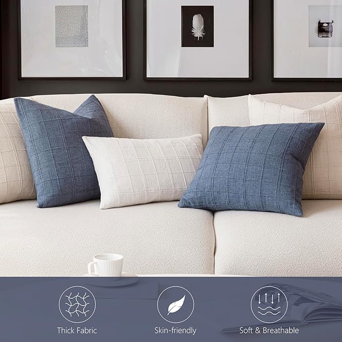 Foindtower Set of 2 Decorative Linen Check Throw Pillow Covers Neutral Farmhouse Vintage Cushion Covers Modern Coastal Boho Home Decor for Sofa Chair Couch Bedroom Living Room,16×16 Inch,Blue