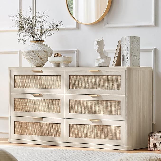 LEYAOYAO Rattan 6 Drawer Dresser for Bedroom, Boho 54" Wide White Dresser Chest of Drawers, Dressers TV Stand with Metal Handle, Storage Dressers Closet Organizer for Living Room, Hallway