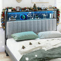 VINGLI Queen Size Headboard Only, Adjustable Upholstered Headboard with 2 Tier Shelves and Pegboard with Charging Stations and LED Lights, Modern Bed Headboard with Storage for Bedroom Decor