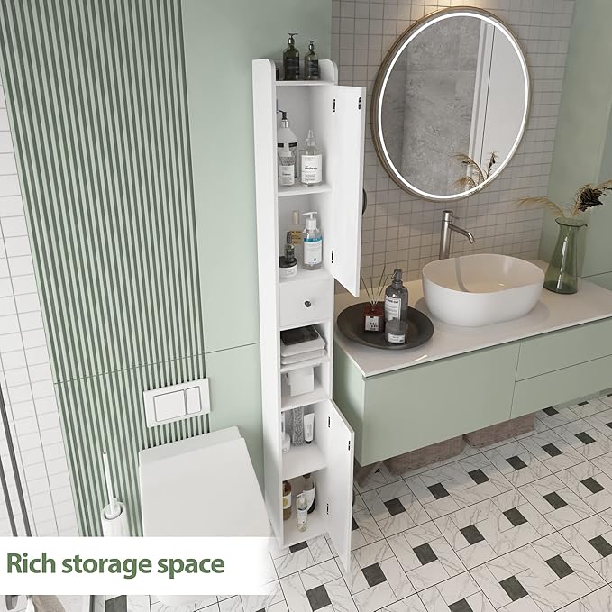 Maupvit Bathroom Cabinet with Adjustable Shelf, Storage Cabinet for Small Space, Tall Bathroom Storage Cabinet with Retractable Toilet Paper Rod, Narrow Cabinet with 2 Doors, 8 Compartments (White)