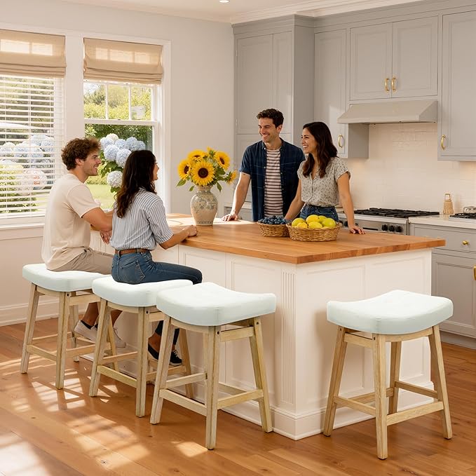 Counter Height White Bar Stools Set of 2 for Kitchen Counter Farmhouse Modern Barstools with Faux Leather Upholstered Backless Seat and Solid Wood Legs 24 inch Bar Chairs, White + Wood Color