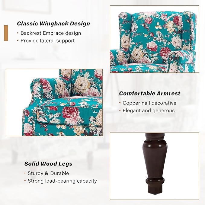 Wingback Accent Chair, High Back Upholstered Armchair, Floral Fabric Wingback Arms Chairs with Retro Solid Wood Legs, Single Sofa Reading Chair for Bedroom Living Room, Peacock Blue