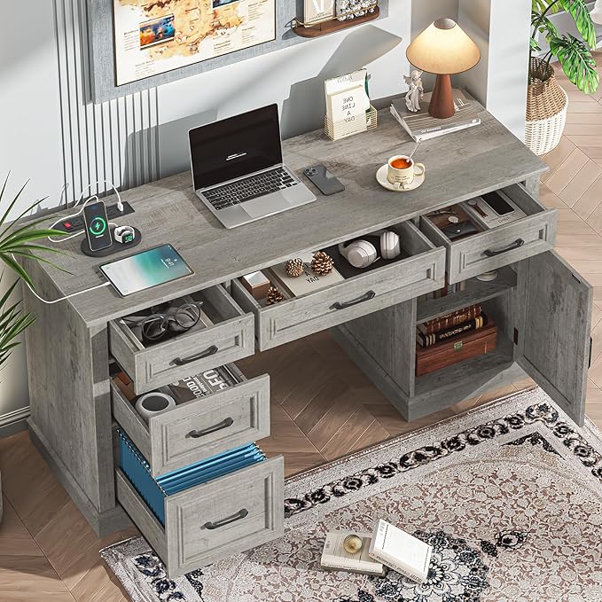 Farmhouse 59'' Executive Desk with Charging Station,Office Desks Computer Desk with 5 Drawers, Wood Workstation for Home Office and Study, File Drawers and Storage Cabinet, Grey