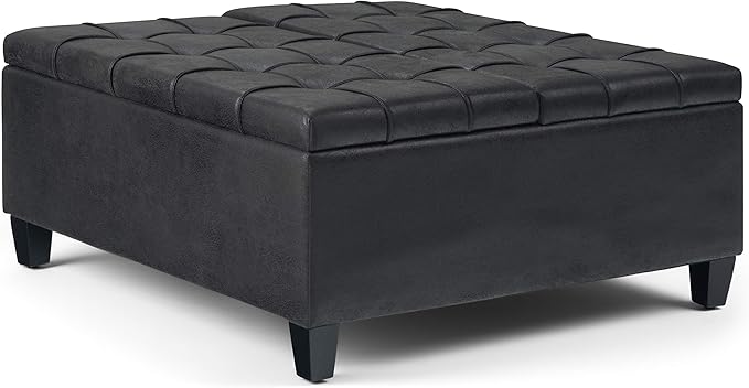 SIMPLIHOME Harrison Coffee Table Storage Ottoman - 36 inch Wide Upholstered Vegan Leather Square Lift-Top Ottoman in Distressed Black, Transitional Ottoman for Living Room with Hidden Storage